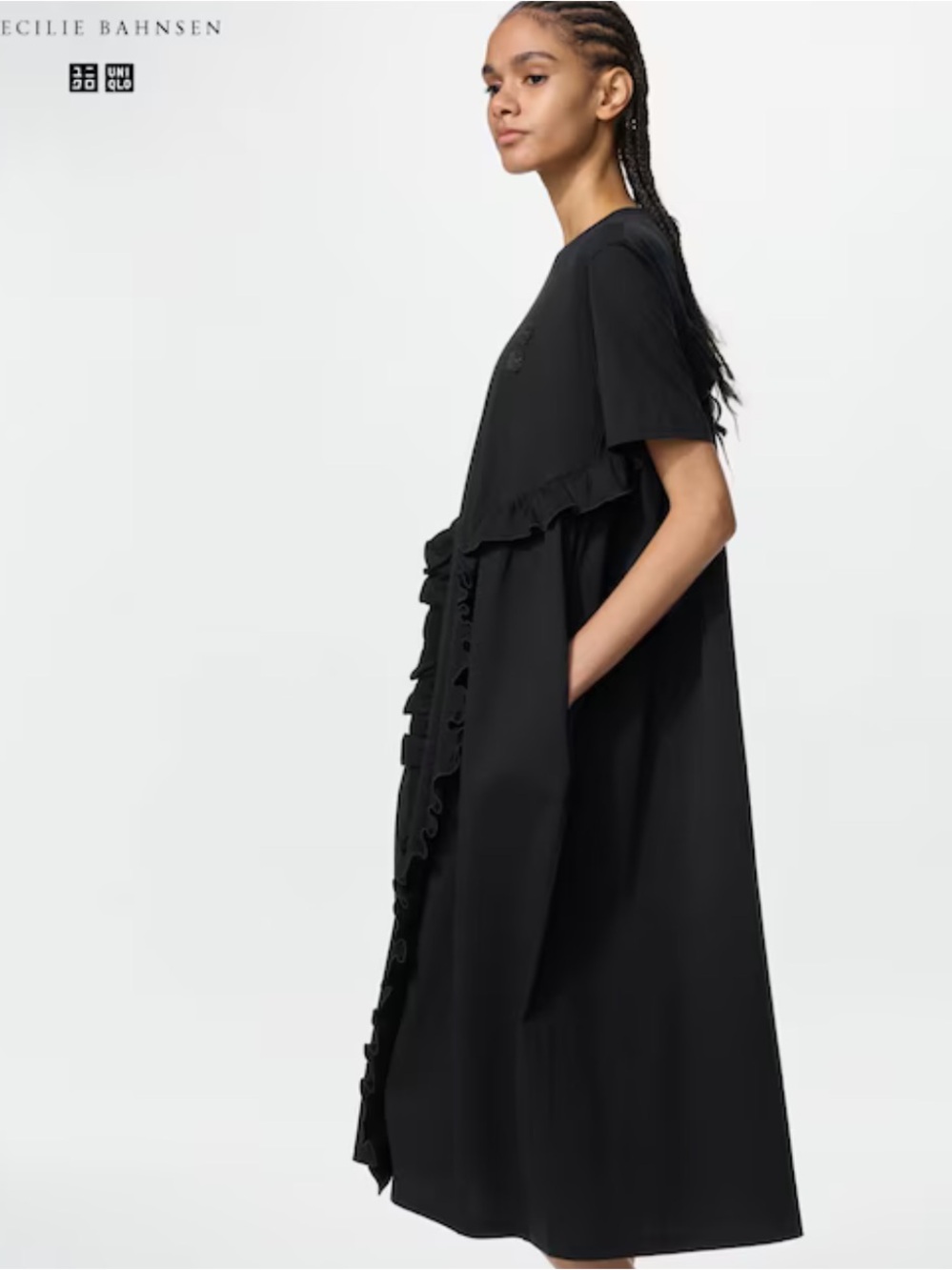 Cecilie Bahnsen Black Ruffled Midi Dress with Side Pockets